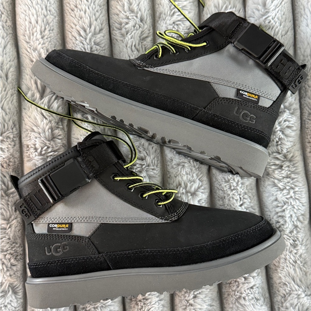 UGG Black and Gray Boots with Neon Accents, waterproof.